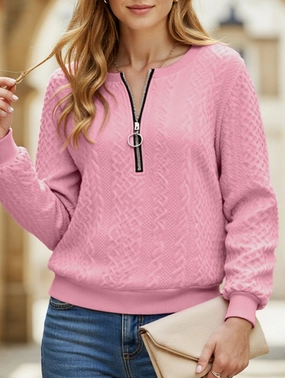 Casual Neckline Zipper Long Sleeve Sweatshirt Breathable Microfiber Two Tone Texture Effect