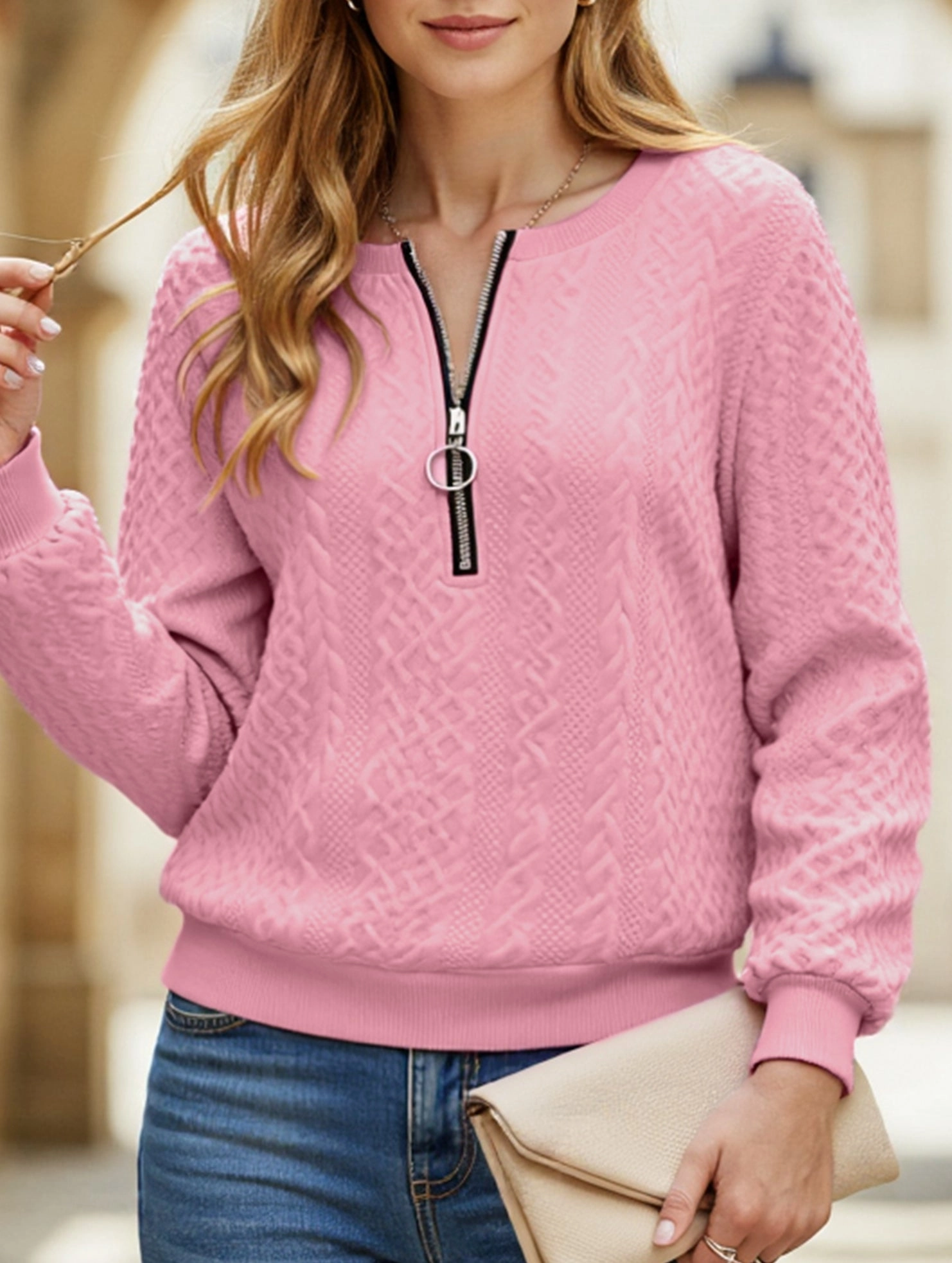 Casual Neckline Zipper Long Sleeve Sweatshirt AbrasionResistantFabric