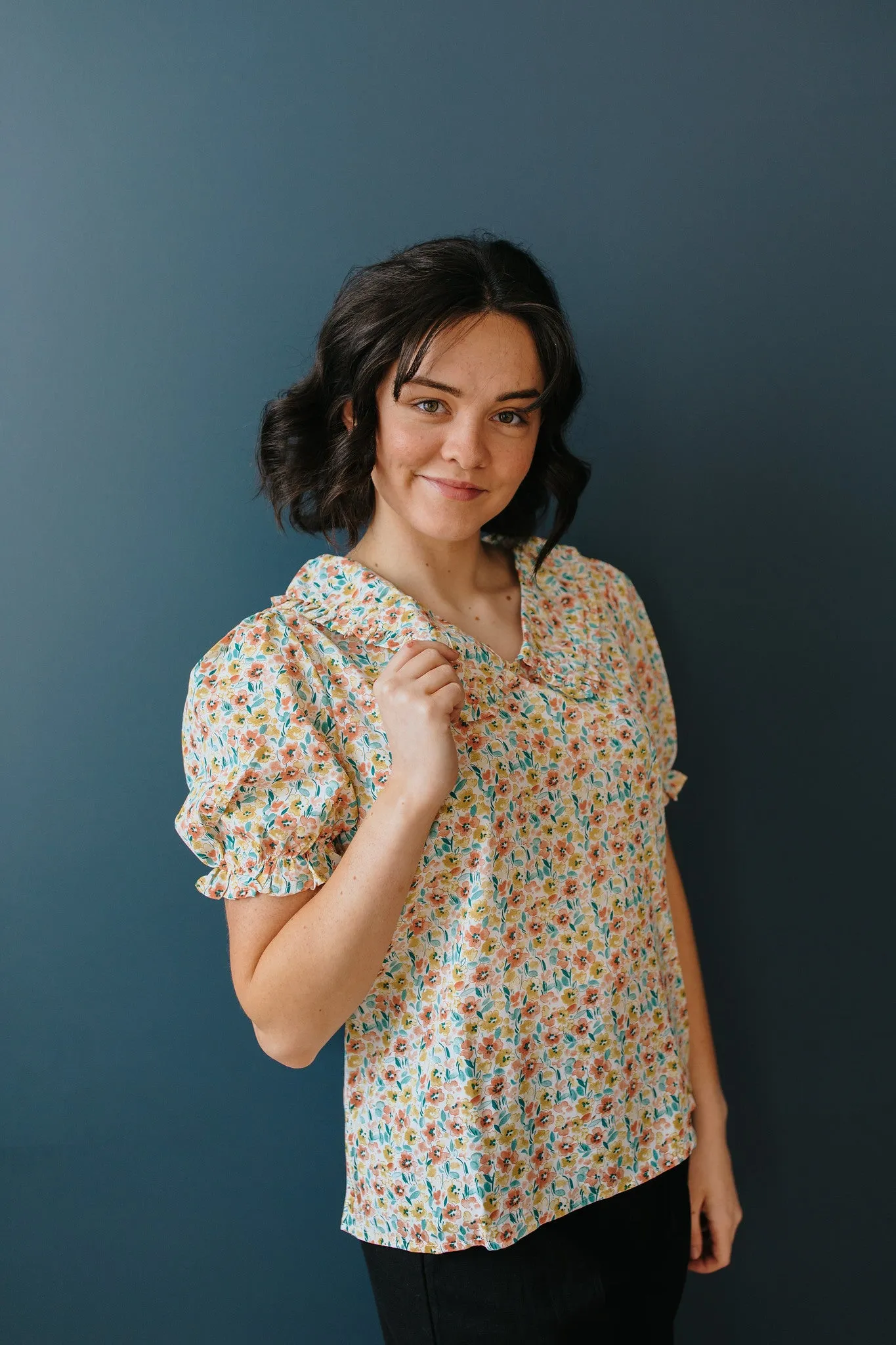 Madeline Top DoubleStitched Hem FourWay Stretch Fabric