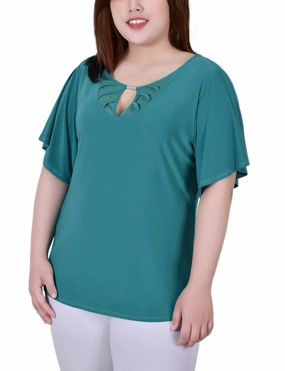 EcoFriendly Manufacturing HypoallergenicMaterial Plus Size Mesh Flutter Sleeve Knit Top