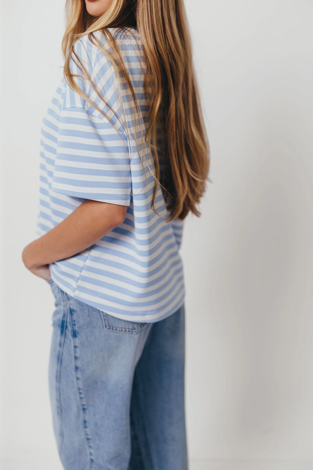 Airflow Ventilation Izzy Striped French Terry Boxy Top in Sky/White