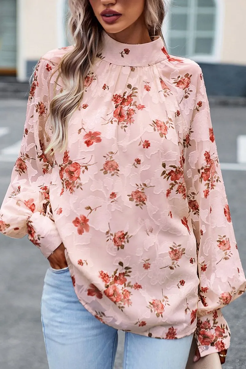 WOMEN LOOSE FIT HIGH NECK FLORAL PRINTING BLOUSE Raw Edge Finish
