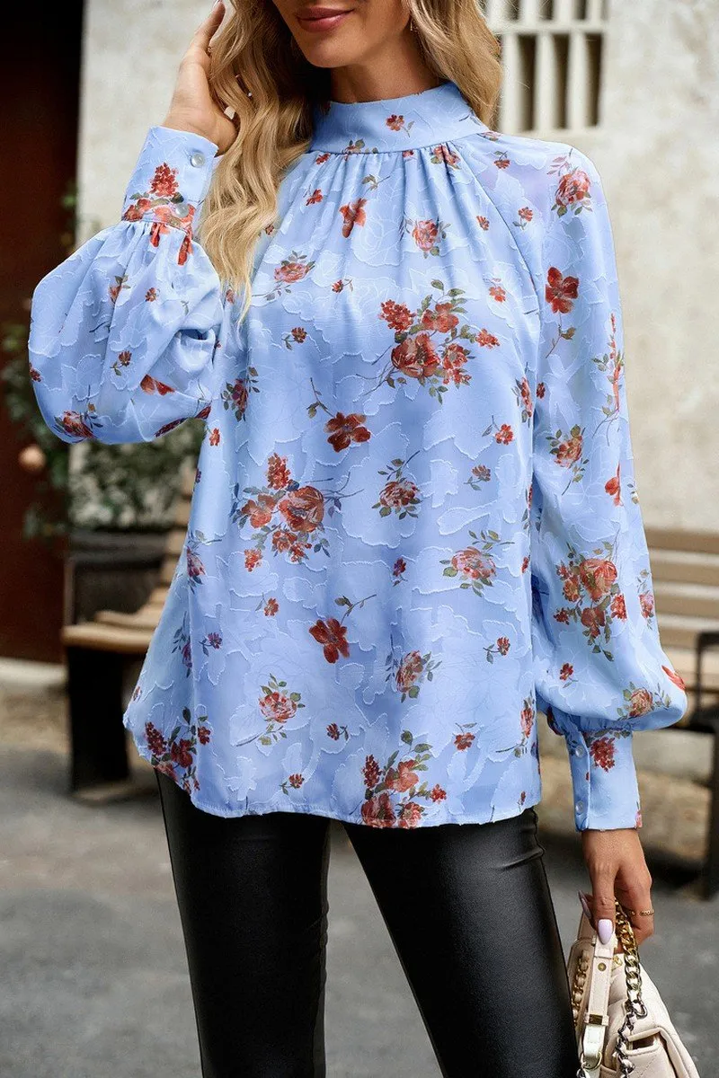 WOMEN LOOSE FIT HIGH NECK FLORAL PRINTING BLOUSE WaterResistant