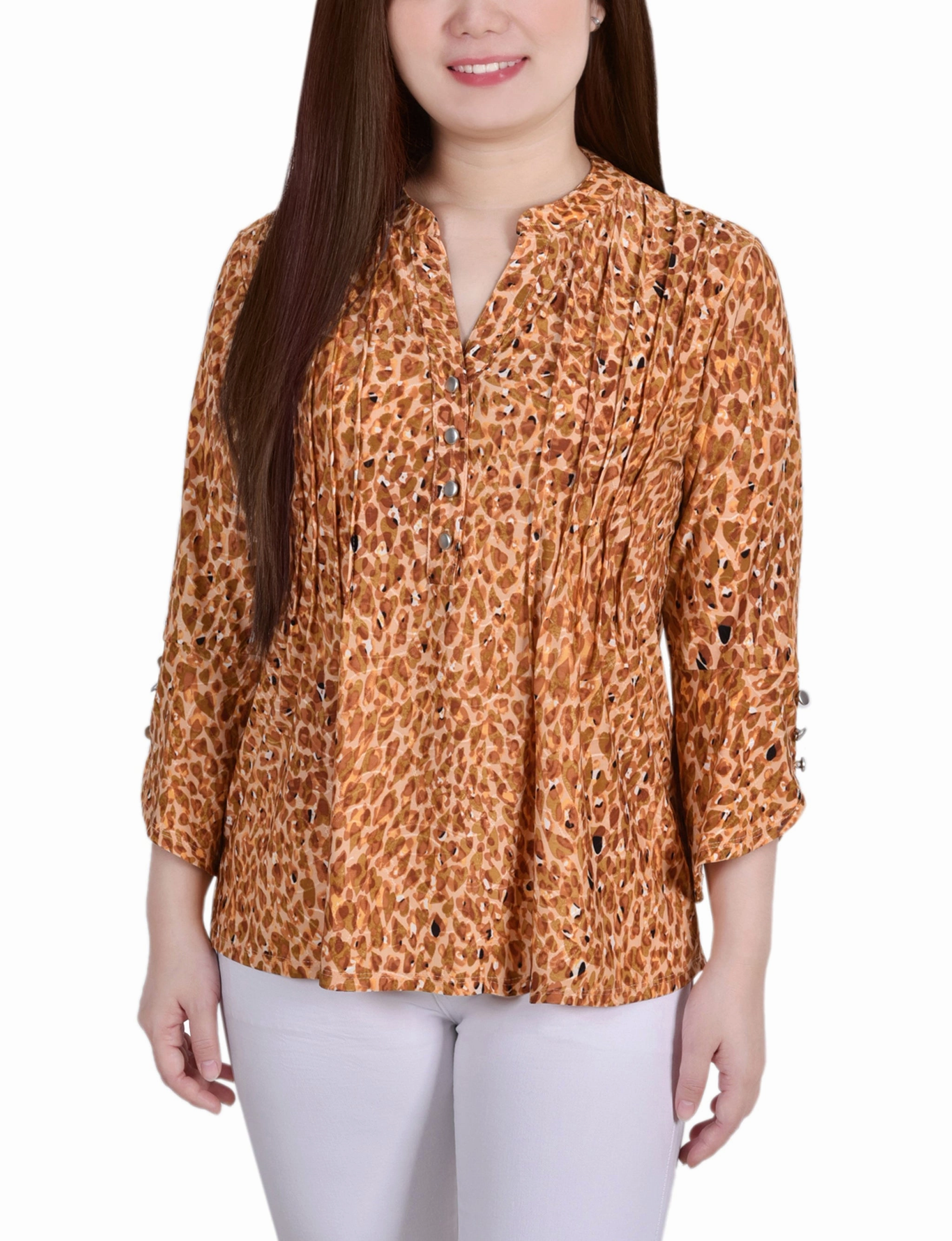 Button Down Collar Style 3/4 Sleeve Overlapped Bell Sleeve Y Neck Top