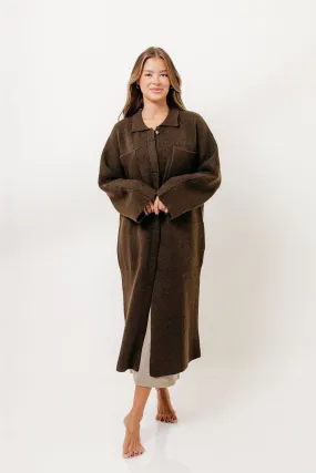 Dagny Hidden Button Maxi Jacket in Tapenade Bonded Seam Innovation