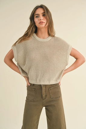 Cozy Layer Brushed Inner Layer Maggie Cap Sleeve Sweater in Stone