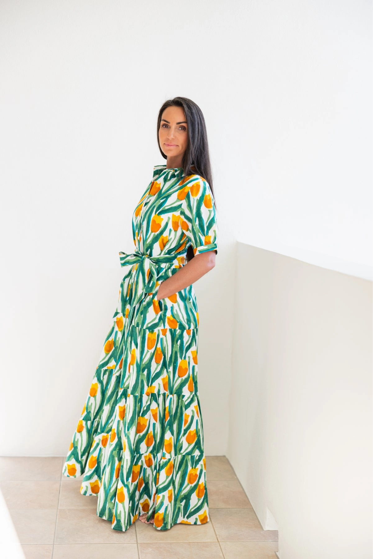 Hampton Dress Yellow Tulips Soft Outfit Tailored Fit