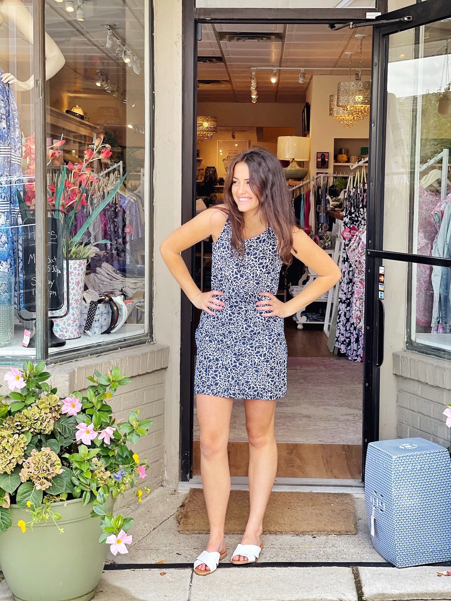 Breathable Style London Cool Bali Tank Dress Variegated Leaves Navy/White