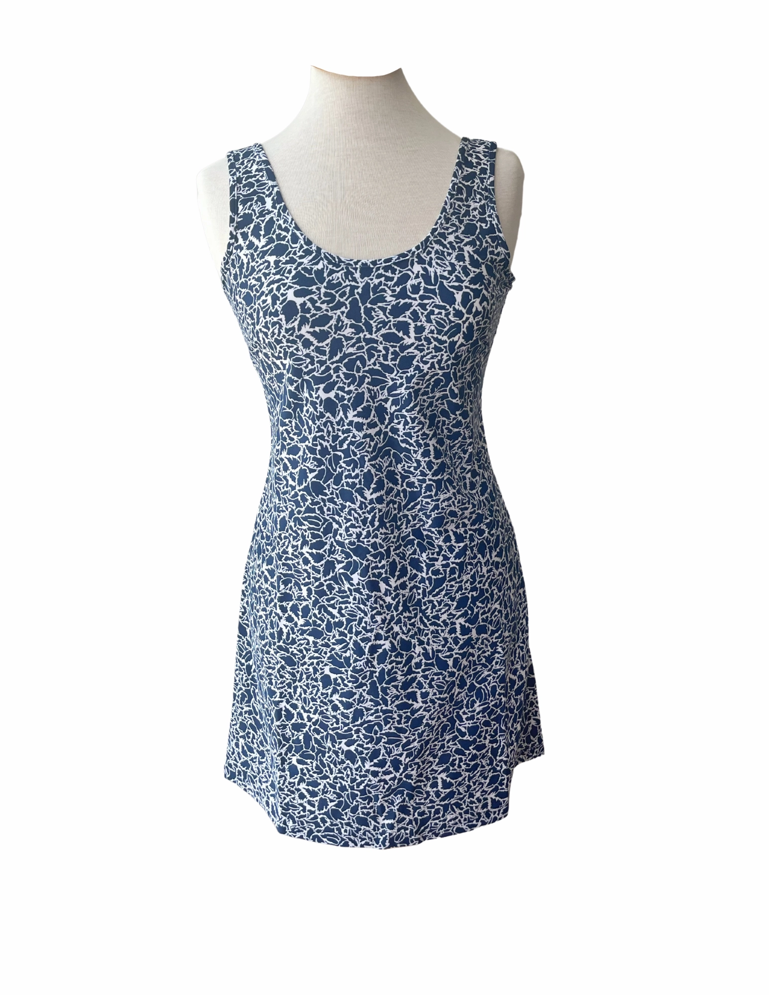 Bali Tank Dress Variegated Leaves Navy/White Indoor Event Frayed-Edge