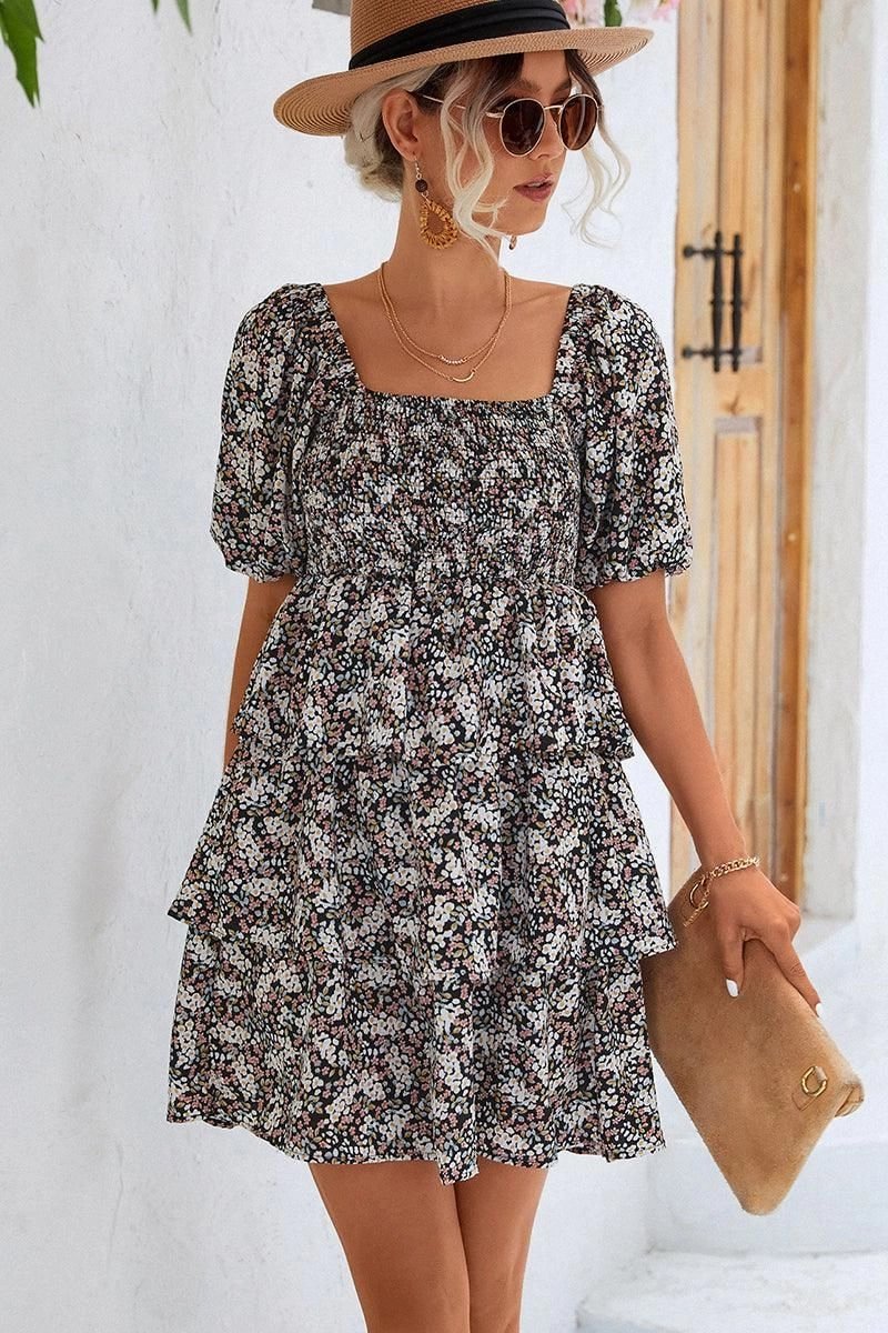 OFF SHOULDER SQUARE NECK FLORAL TIERED DRESS Beaded-Edge