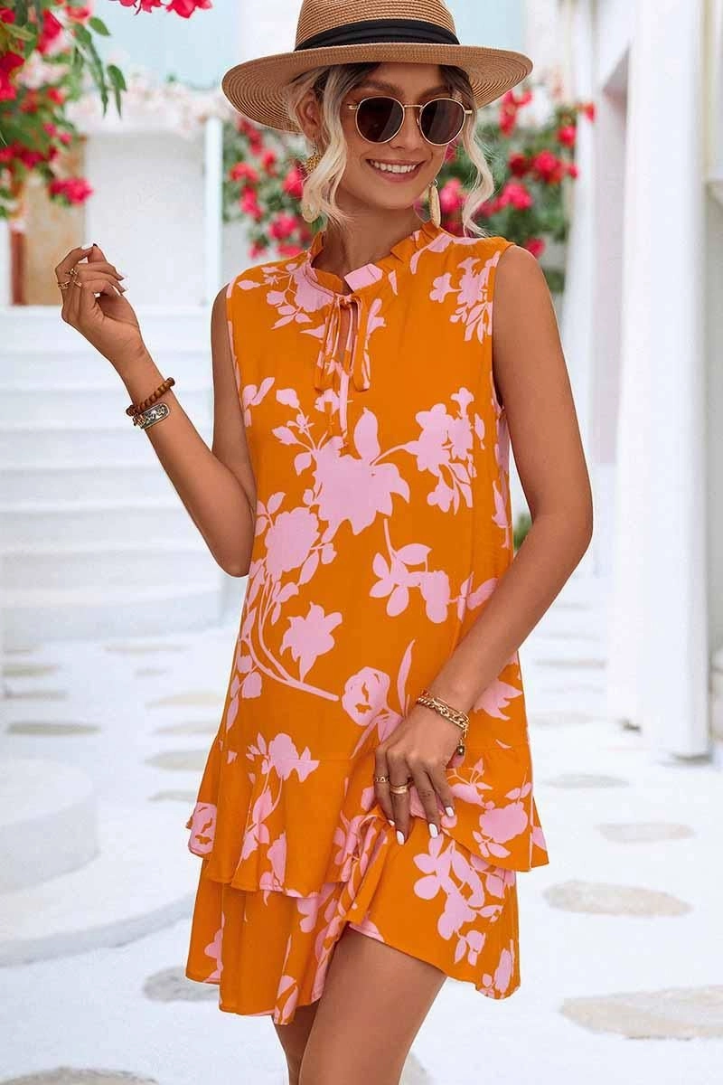 Soft Feel summer breeze NATURE PATTERN TIED NECK SHORT RUFFLED DRESS