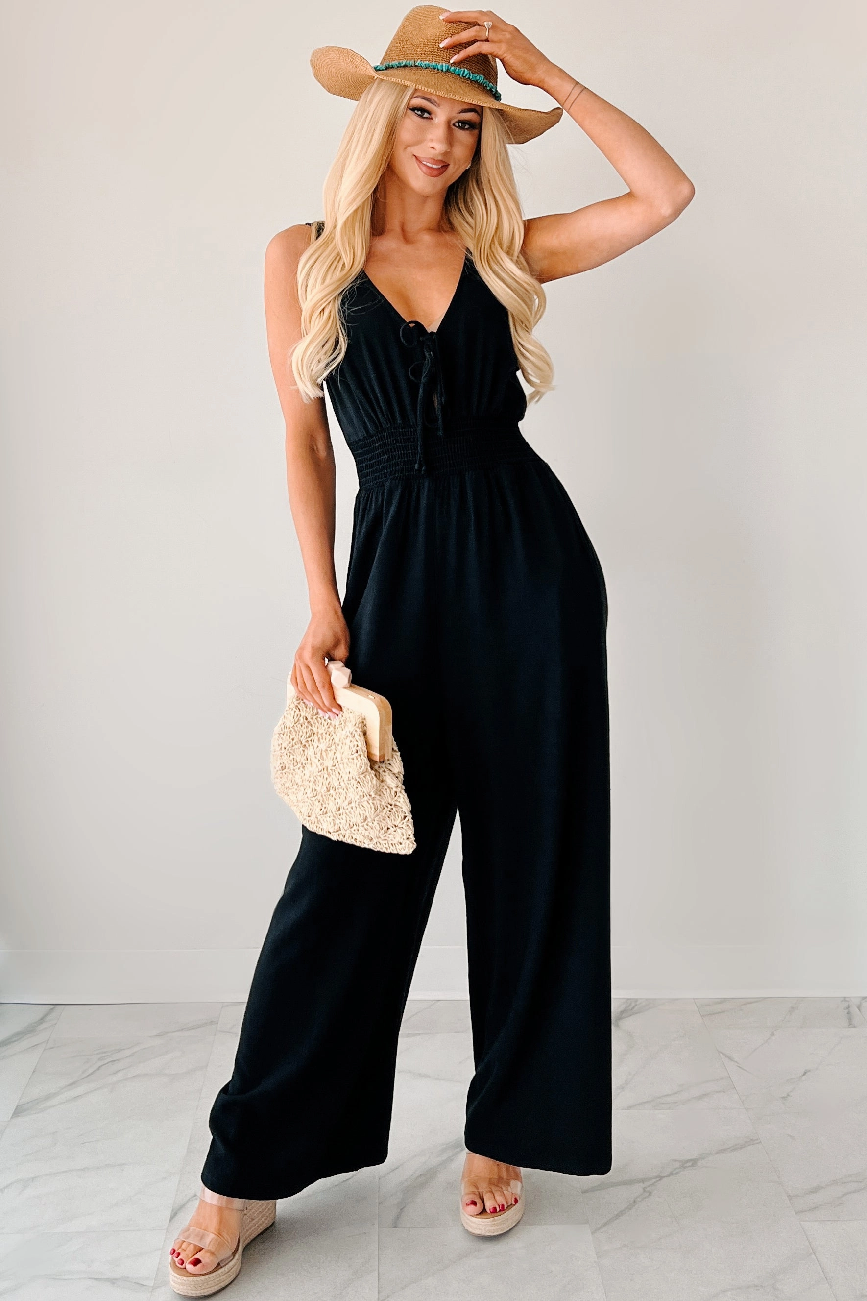 Wrinkle Resistant Texture Nature's Glow Linen Smocked Waist Jumpsuit (Black)