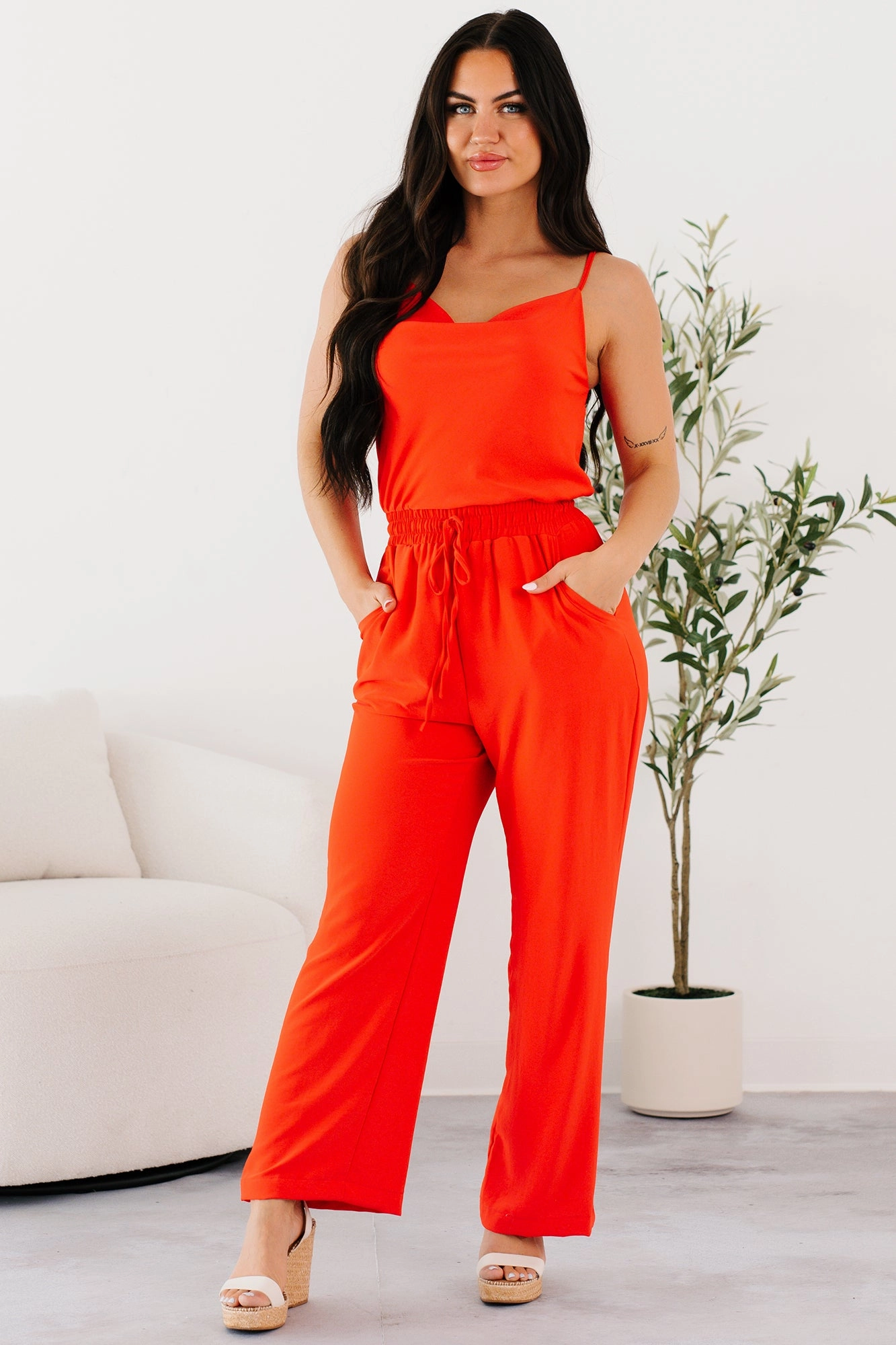 Quick Dry Material Vibe Queen Sleeveless Cowl Neck Jumpsuit (Red Coral)