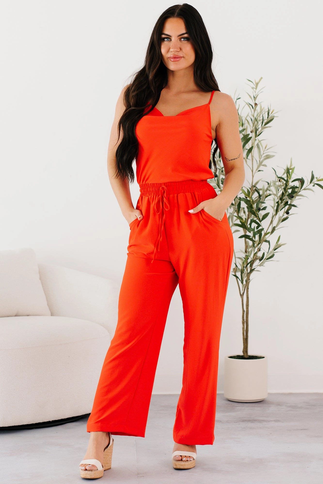 SoftTouchBrushedInterior Vibe Queen Sleeveless Cowl Neck Jumpsuit (Red Coral)