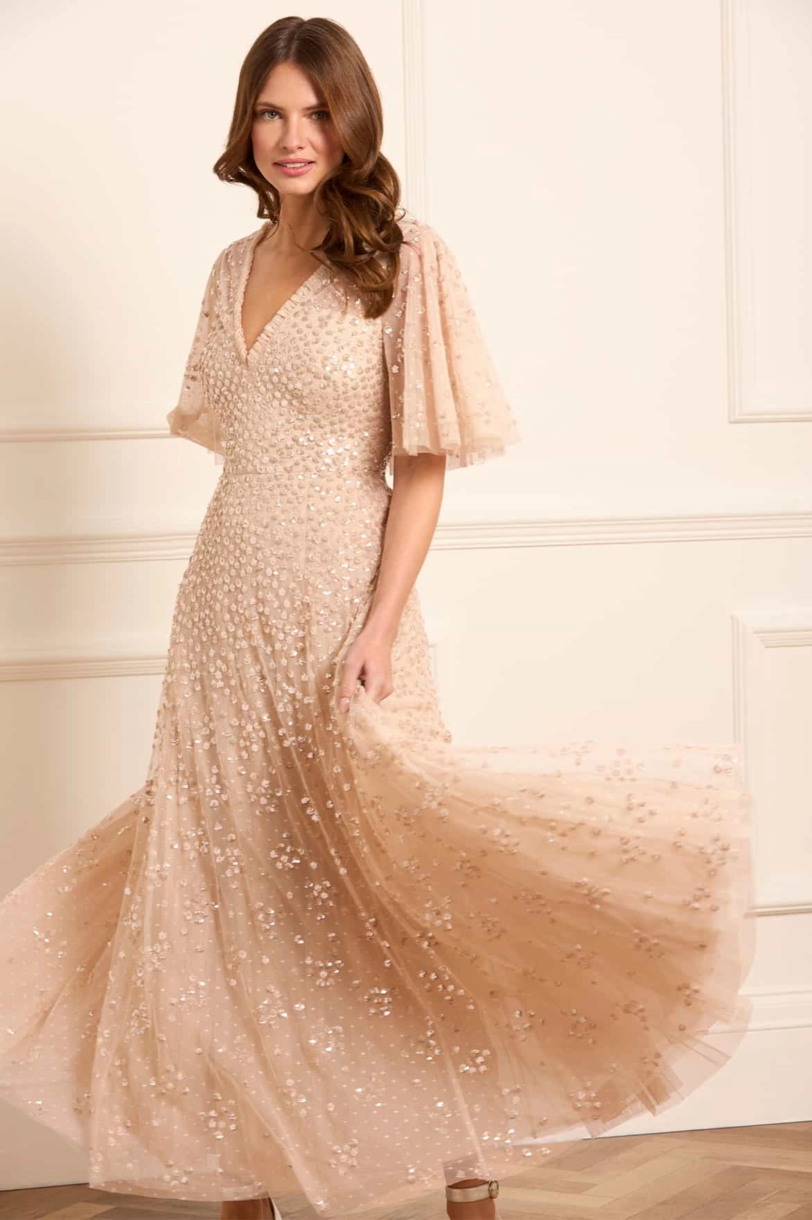 Leila Dot V-Neck Cape Ankle Gown Clean Tone Feminine Movement