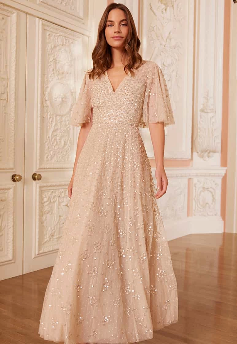 Shiny-Lining Leila Dot V-Neck Cape Ankle Gown