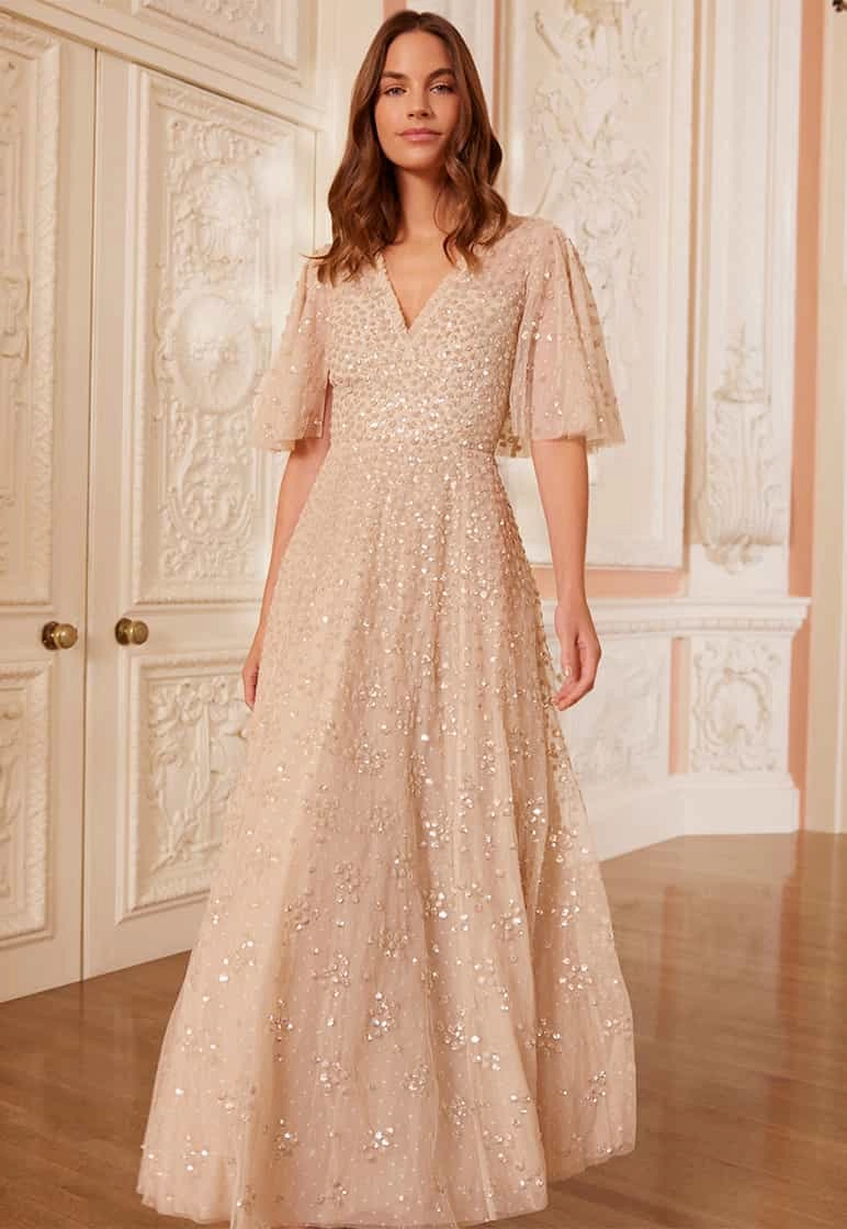 Leila Dot V-Neck Cape Ankle Gown Comfort Layer