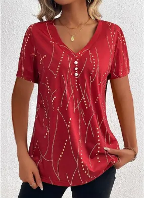 Sporty Style Lightweight BUTTON DOT V-NECK SHORT-SLEEVED BLOUSE_CWTBLS0939
