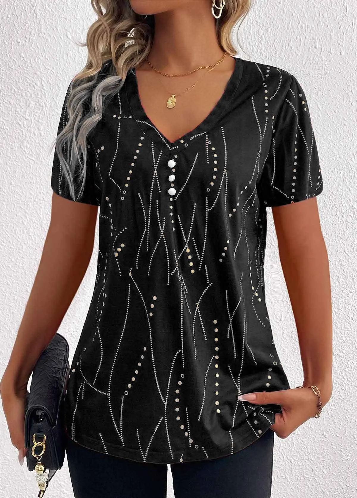 Tension Balanced Design GarmentWashedFinish BUTTON DOT V-NECK SHORT-SLEEVED BLOUSE_CWTBLS0939