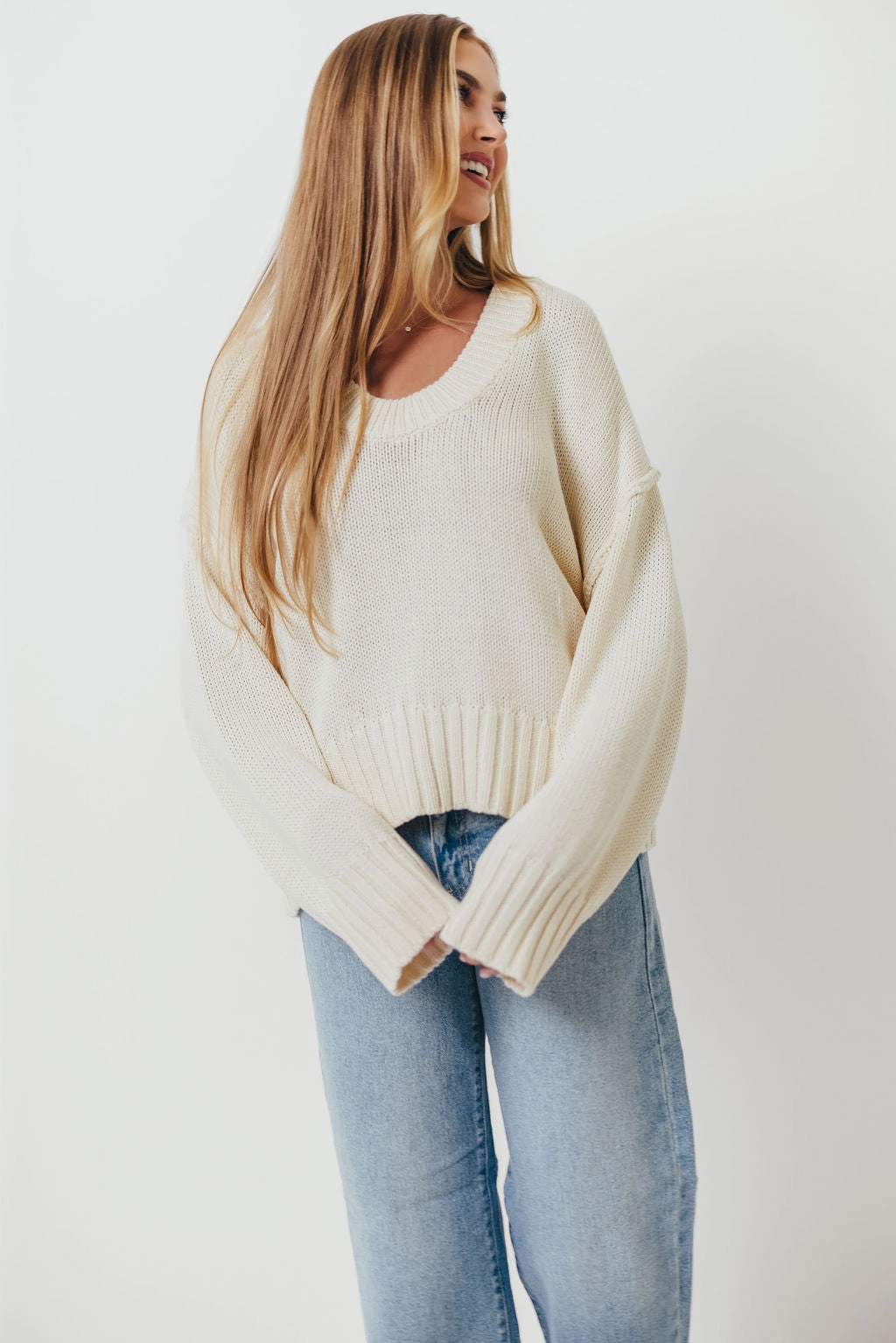 Adaptive Waistband Casual Style Lola 100% Cotton Scoop Neck Drop Shoulder Knit Sweater in Cream