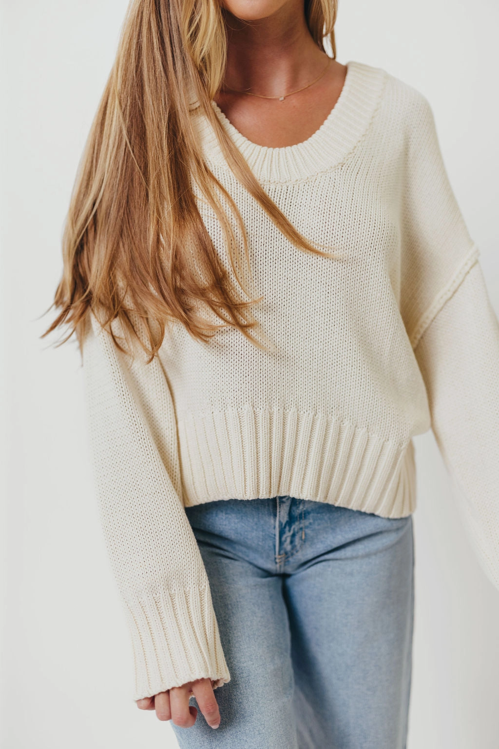 NonPill Surface Treatment Bonded Seam Technology Lola 100% Cotton Scoop Neck Drop Shoulder Knit Sweater in Cream