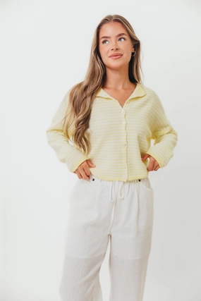 Textured Weave AbrasionResistantFabric Piper Mini Stripes Cardigan in Butter