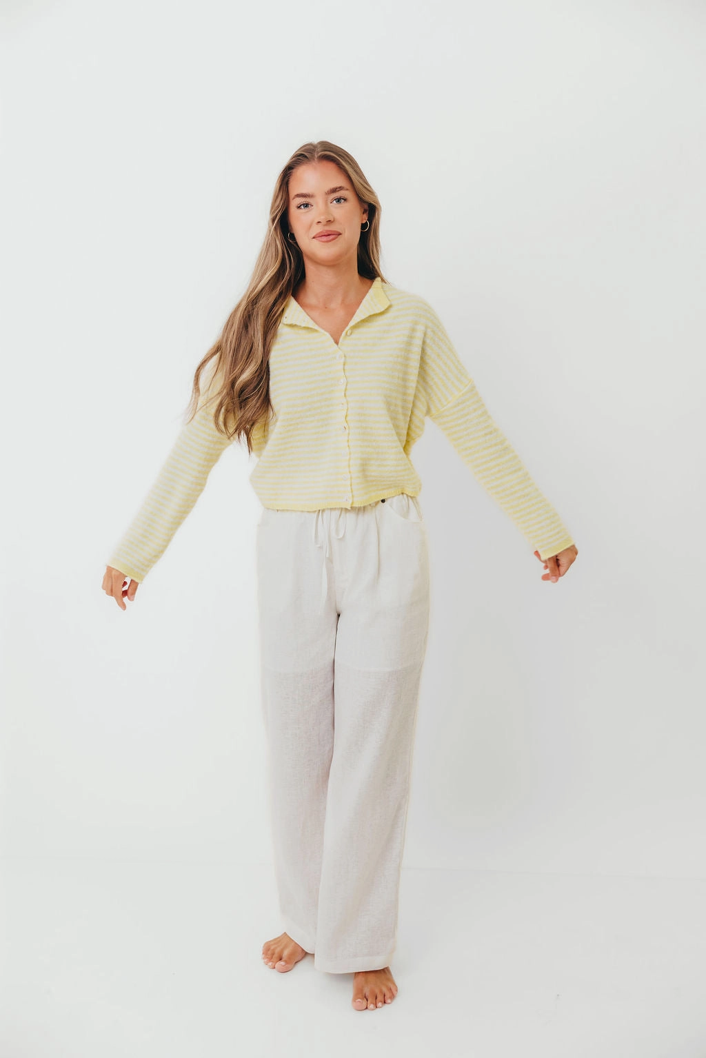 Lightweight Layering Option Tunic top Piper Mini Stripes Cardigan in Butter