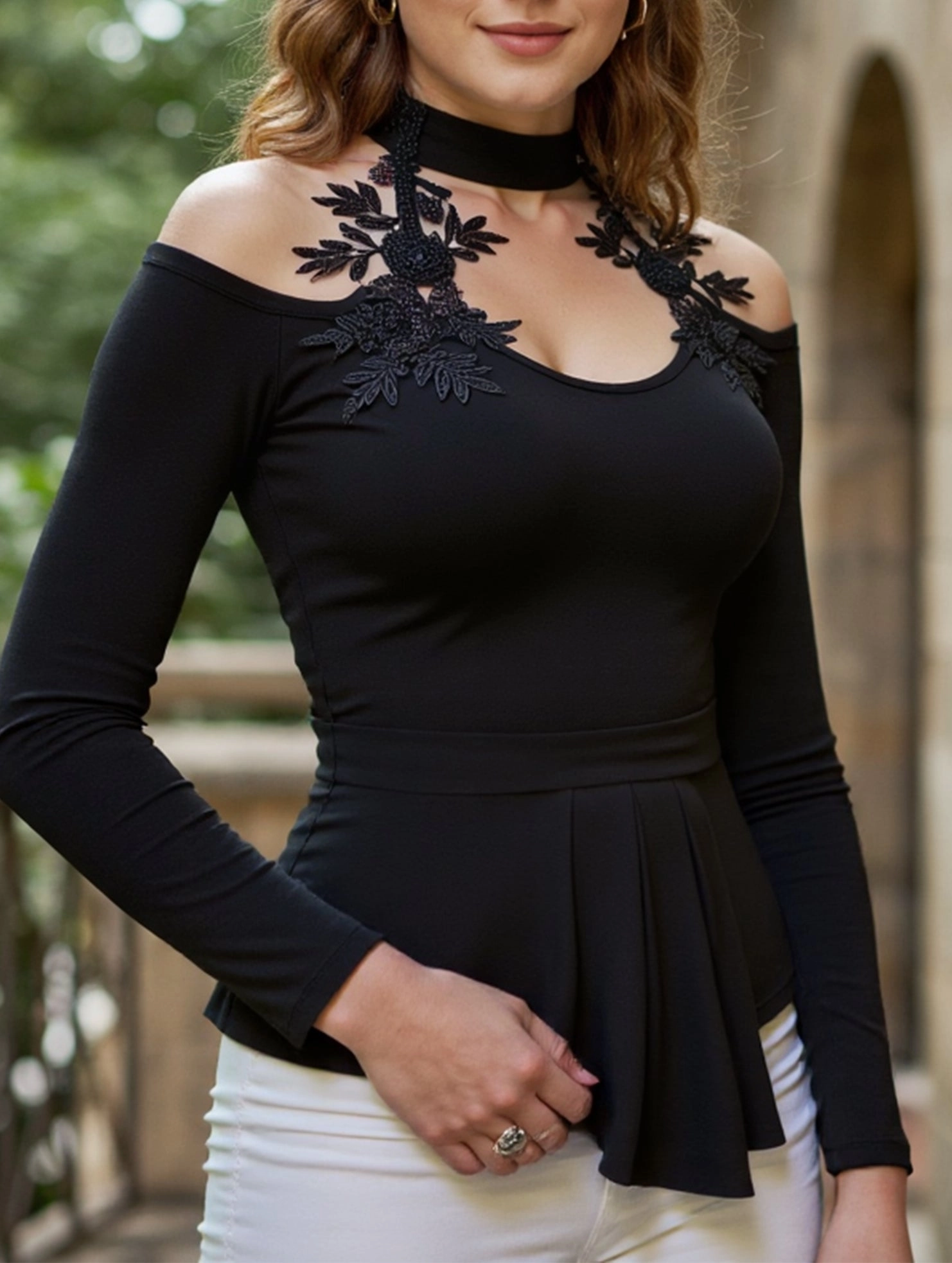 LowMaintenance Fabric Cutout Off-the-Shoulder Applique Slim-Fit Top