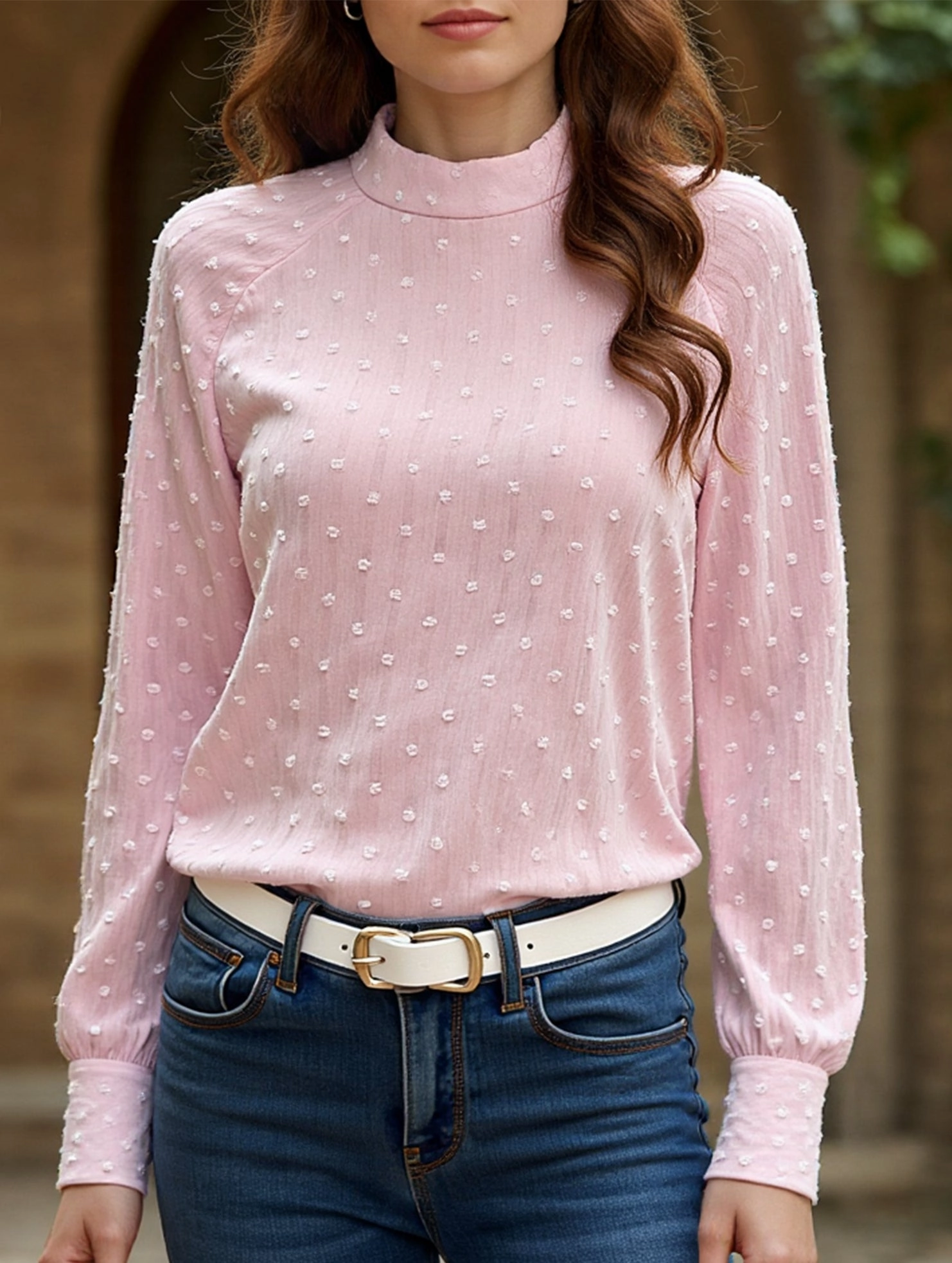 Gentle Style Pink Polka Dot Long Sleeve Sheer Top Bound Edges RibbedTrims