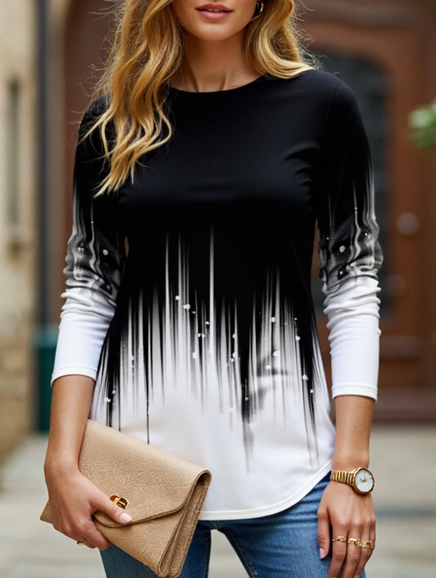 Casual round neck long sleeve loose pullover shirt FlexFoamInserts