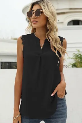 LACE SLEEVELESS FOLDED CHEST V NECK TUNIC TOP All Season Wear Fabric Durable Stitch Pattern