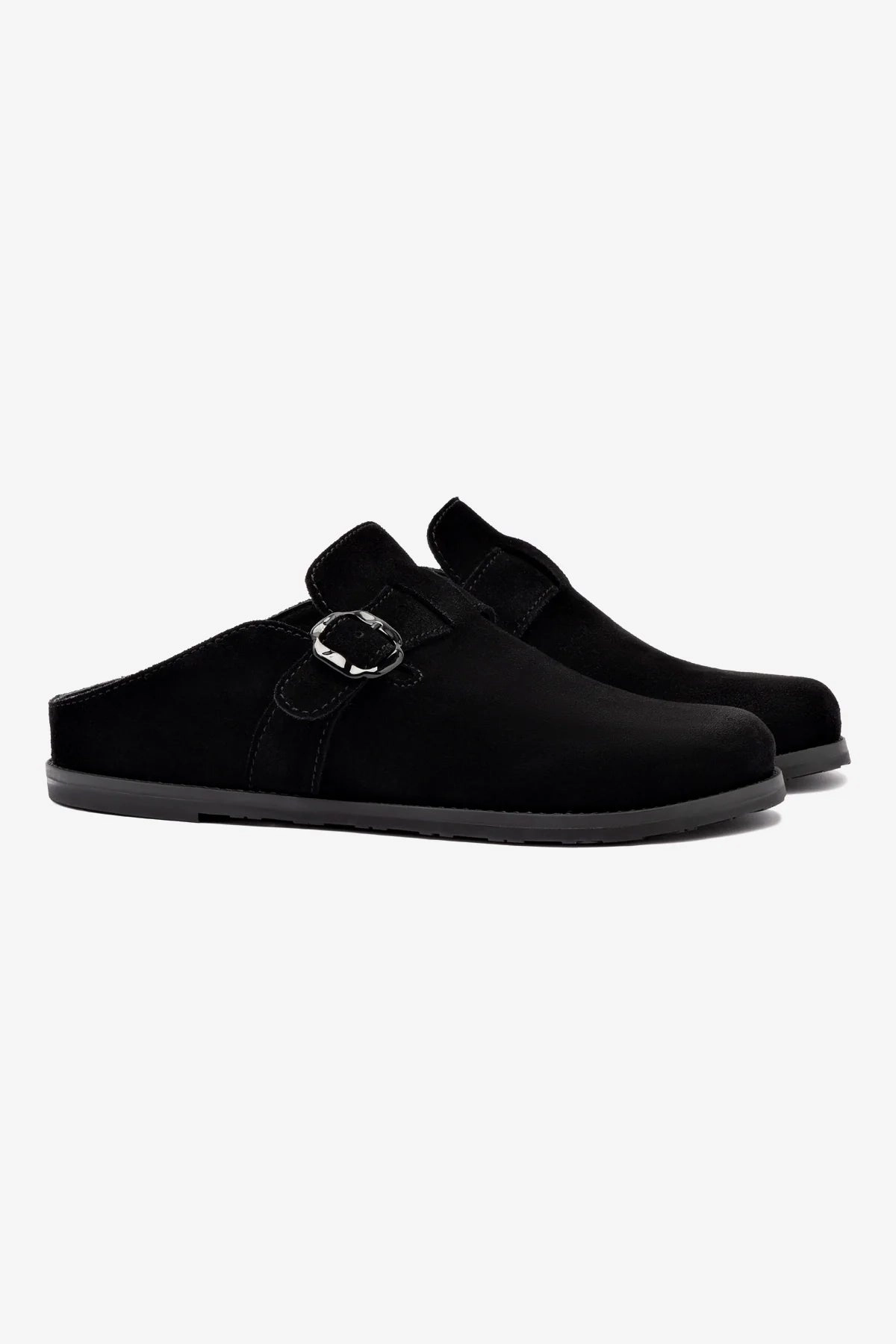 Milan Clog In Black Suede Slip On Style Cotton Base
