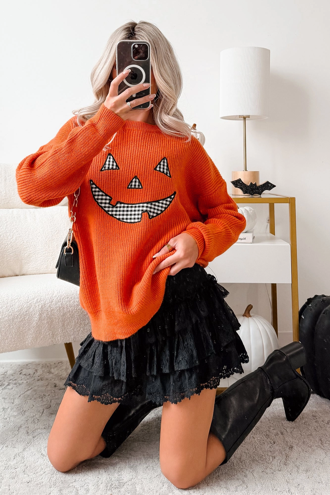 Jack-O-Lantern Embroidered Sweater (Burnt Orange) Biodegradable Fiber Blend