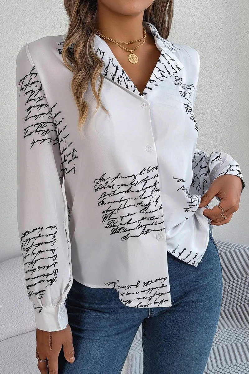 WOMEN LETTER PRINTING SEMI FORMAL OFFICE BLOUSE Roll Up Sleeve Design
