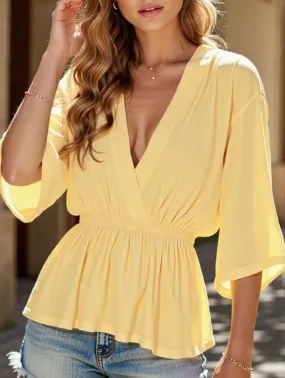 Solid Color Deep V-Neck Loose Waist Blouse ??Casual Boho Long Sleeve Top Grid Back Panel Low Profile Seaming