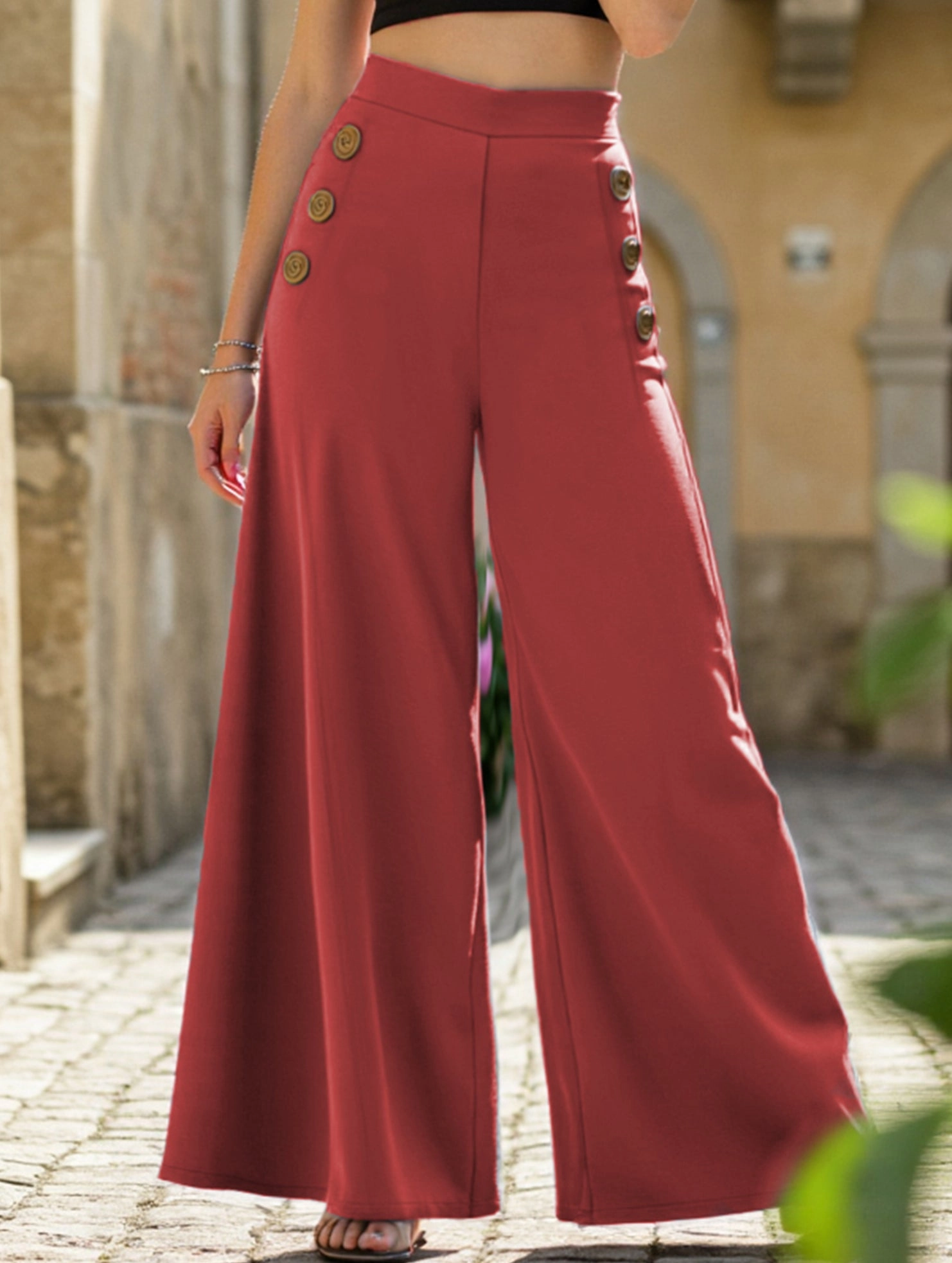 Button elastic high waist wide leg pants Stable Shape