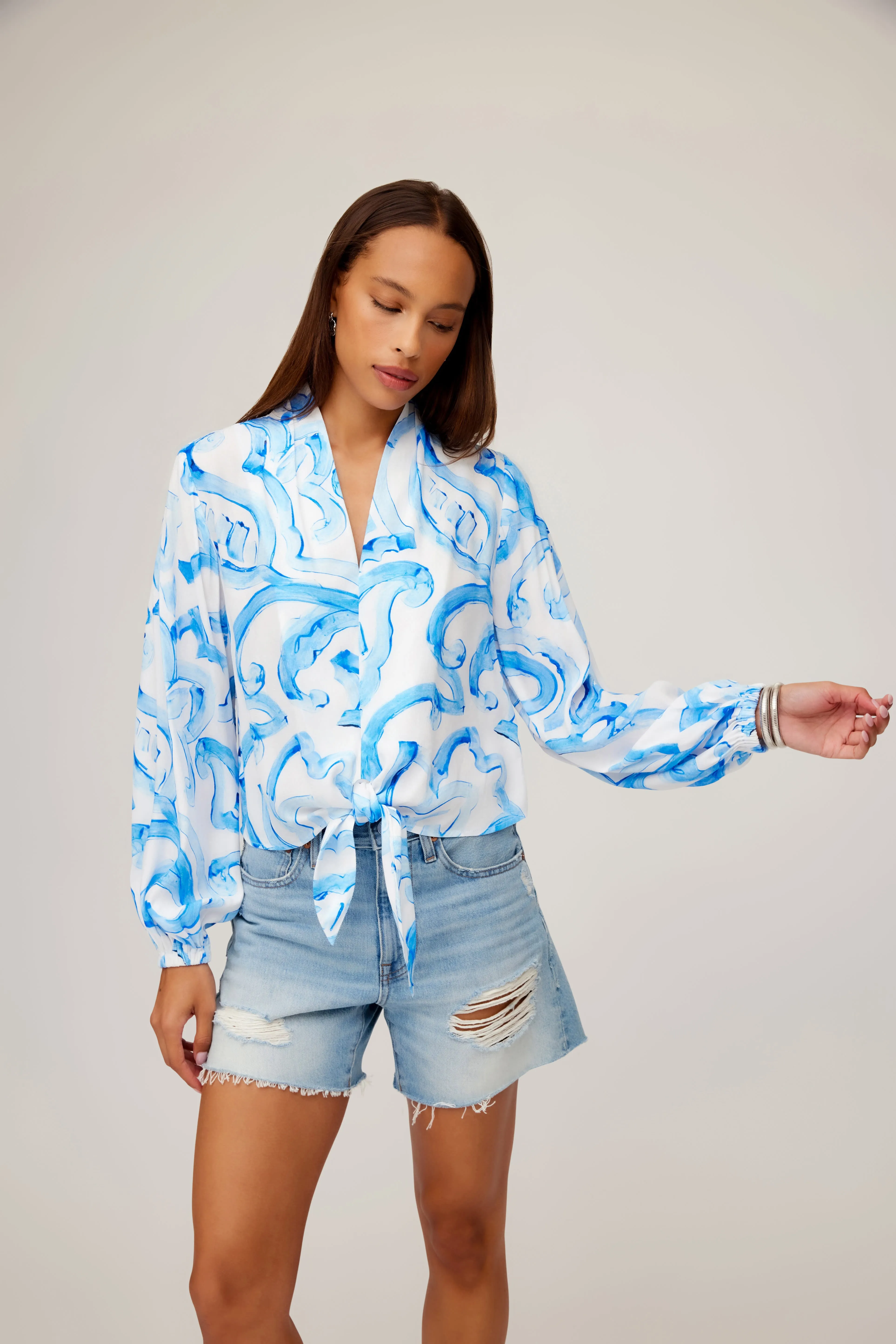 Scarlet Tie Front Top Painted Paisley YarnDyedFabric