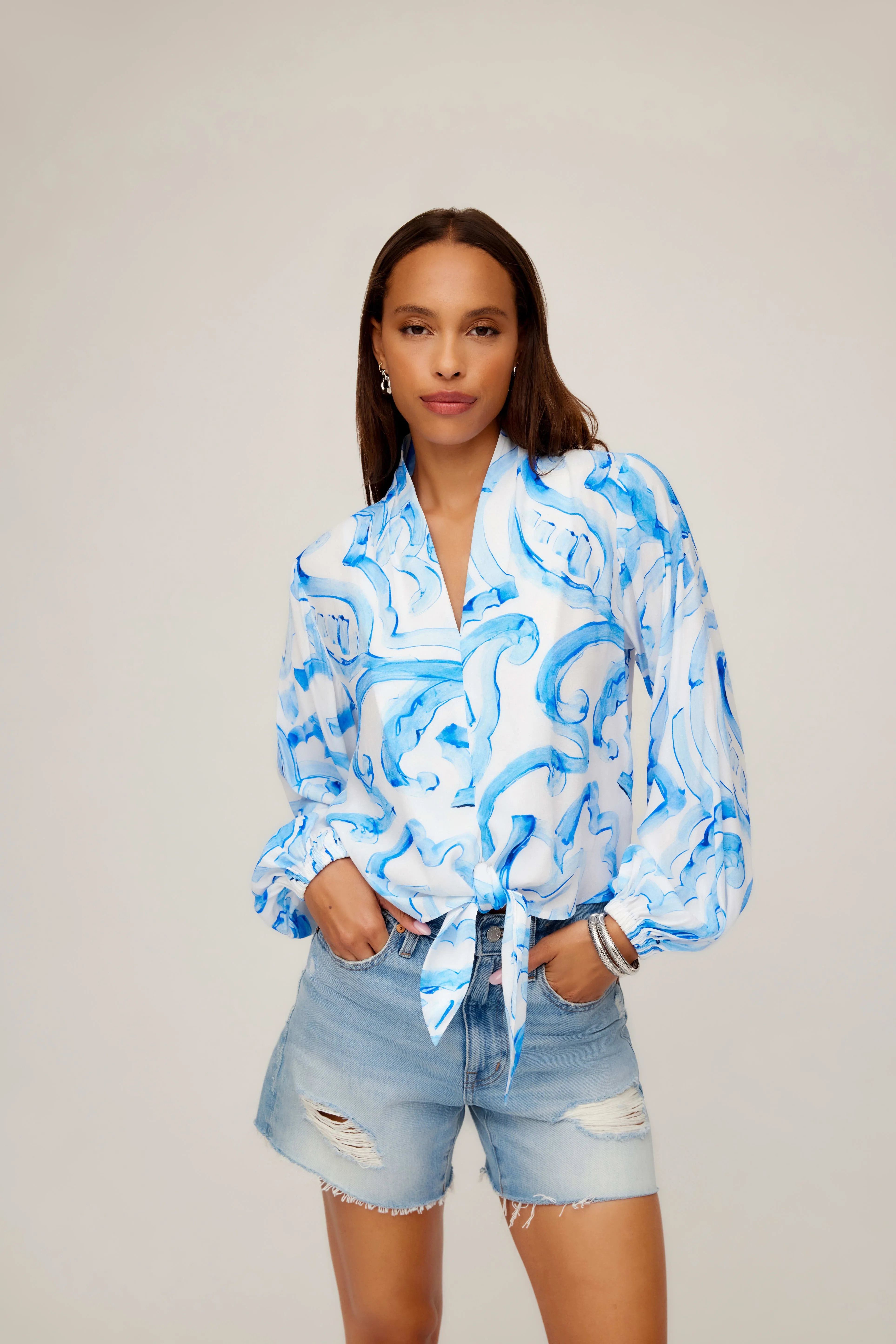 Scarlet Tie Front Top Painted Paisley LowMaintenance Fabric Relaxed Tank