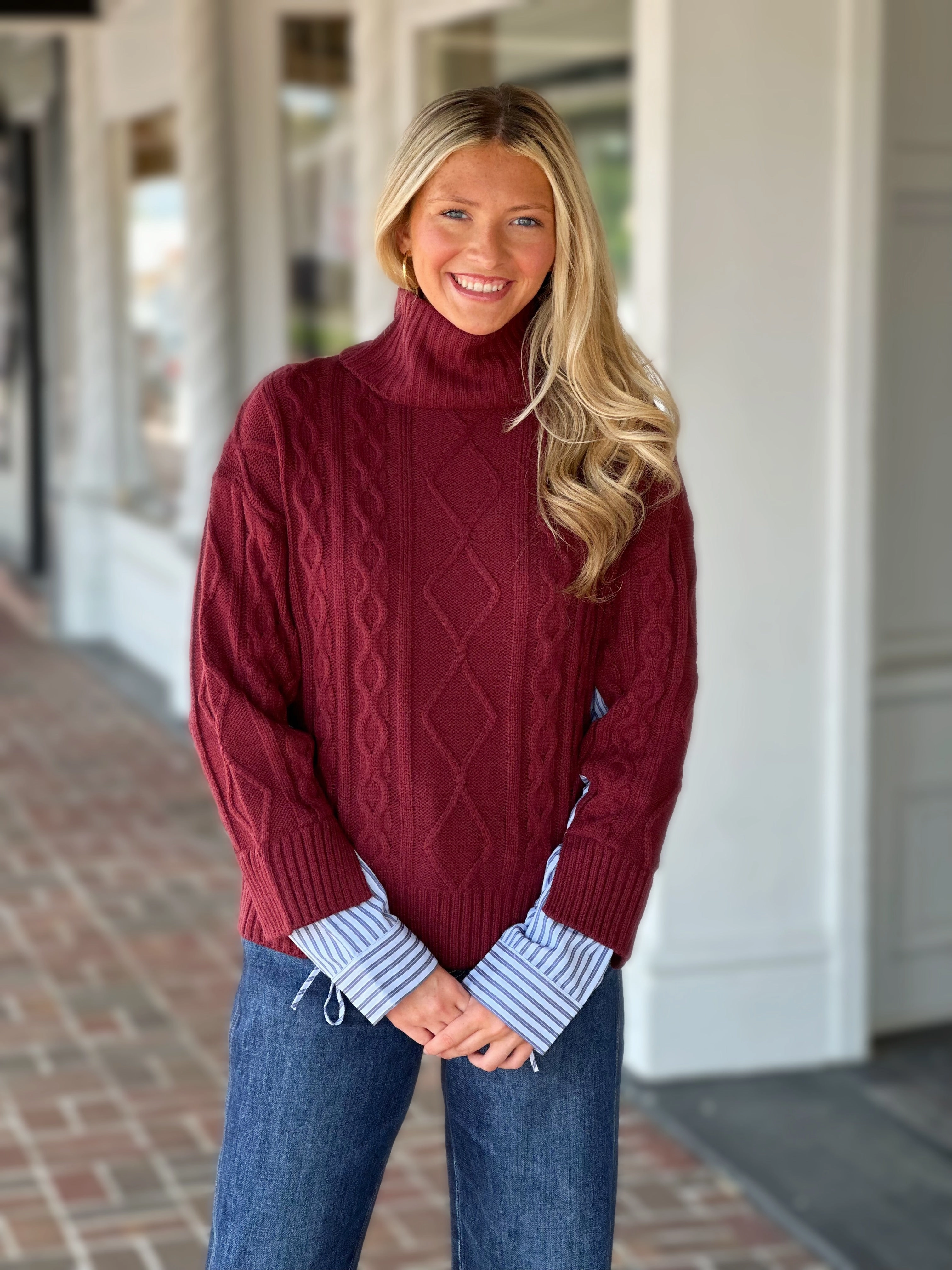 Petal Sleeve Architecture French Dressing Mix Material Cable Sweater in Scarlet