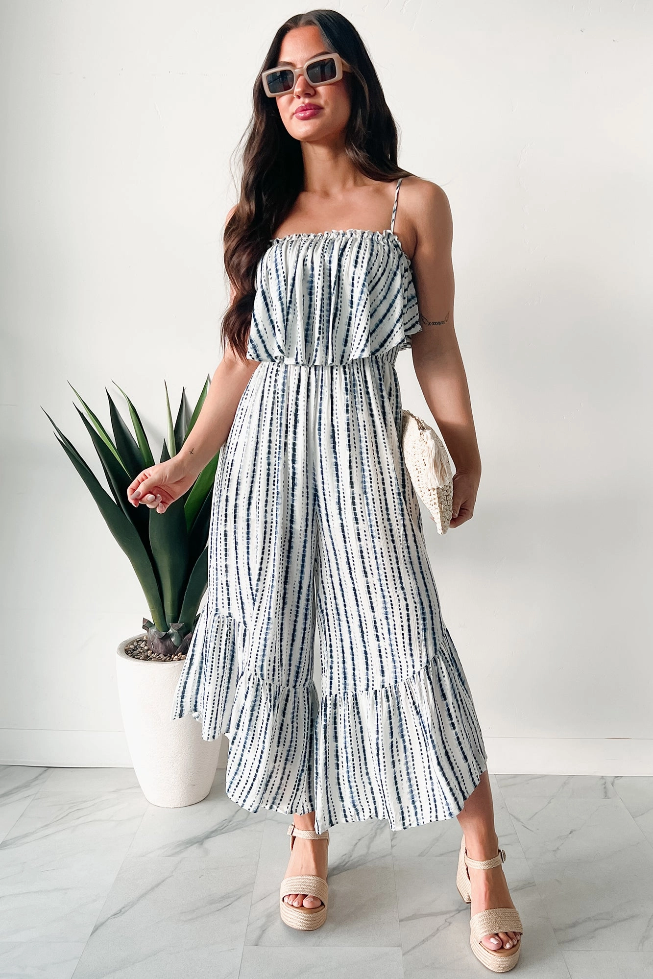 ContrastPlacket Idyllic Days Striped Wide Leg Jumpsuit (Blue/White)
