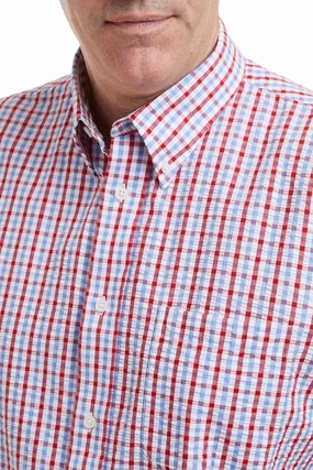 Layered Hem Reinforcement Soft Knit Chase Shirt Red White & Blue Seersucker Check