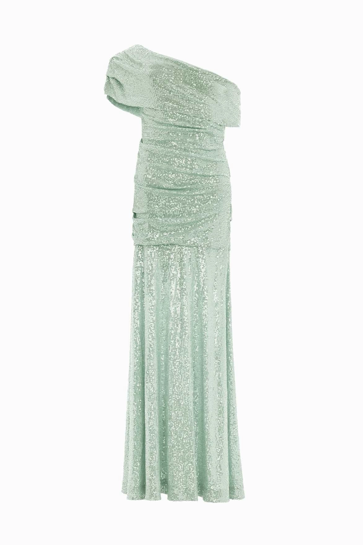 Smooth-Finish Layered-Sleeve Nova Draped One-Shoulder Ankle Gown