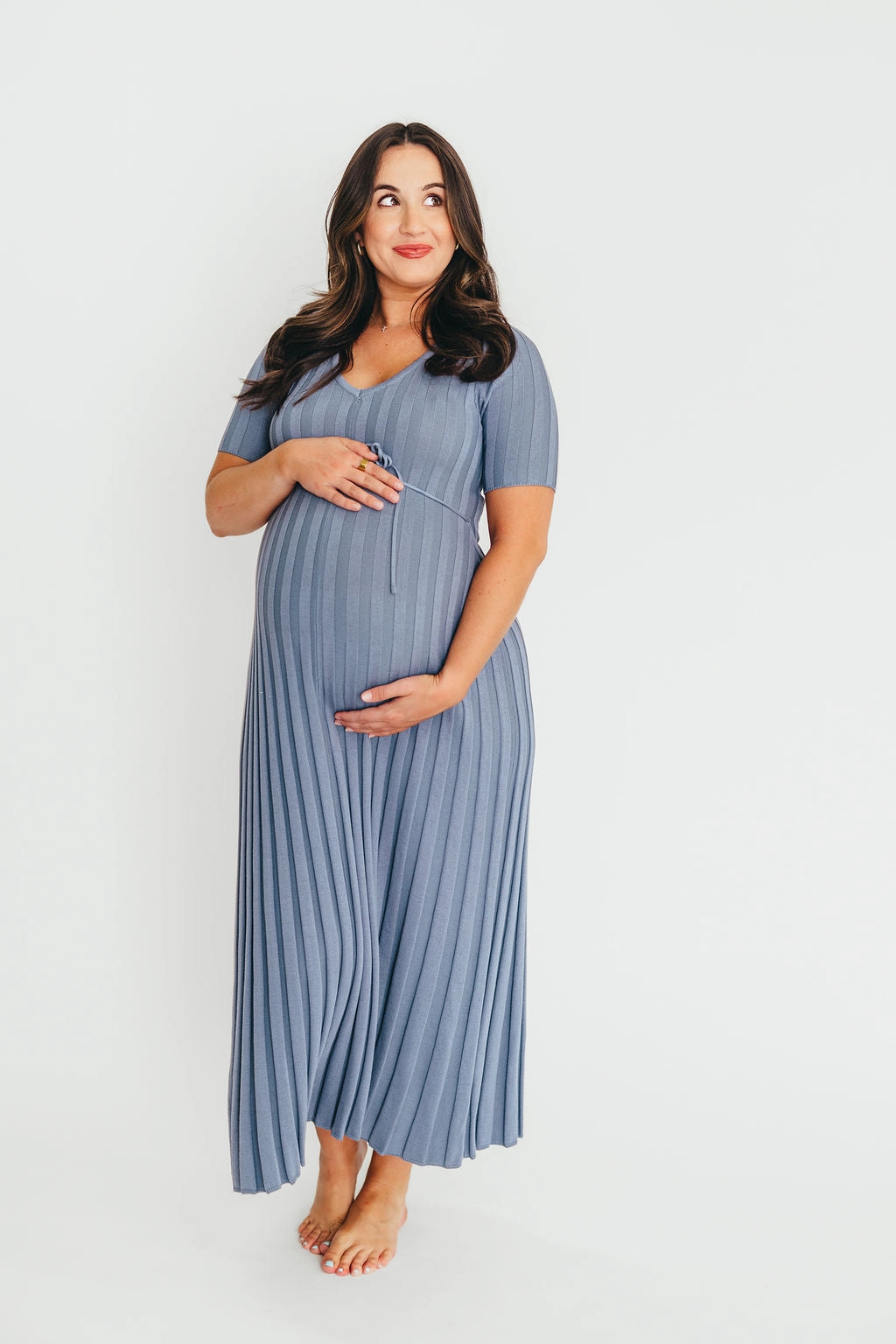 Oakley Ribbed Maxi Dress in Dusty Blue - Bump Friendly *Final-Sale* Soft touch evening dress Belt Waist