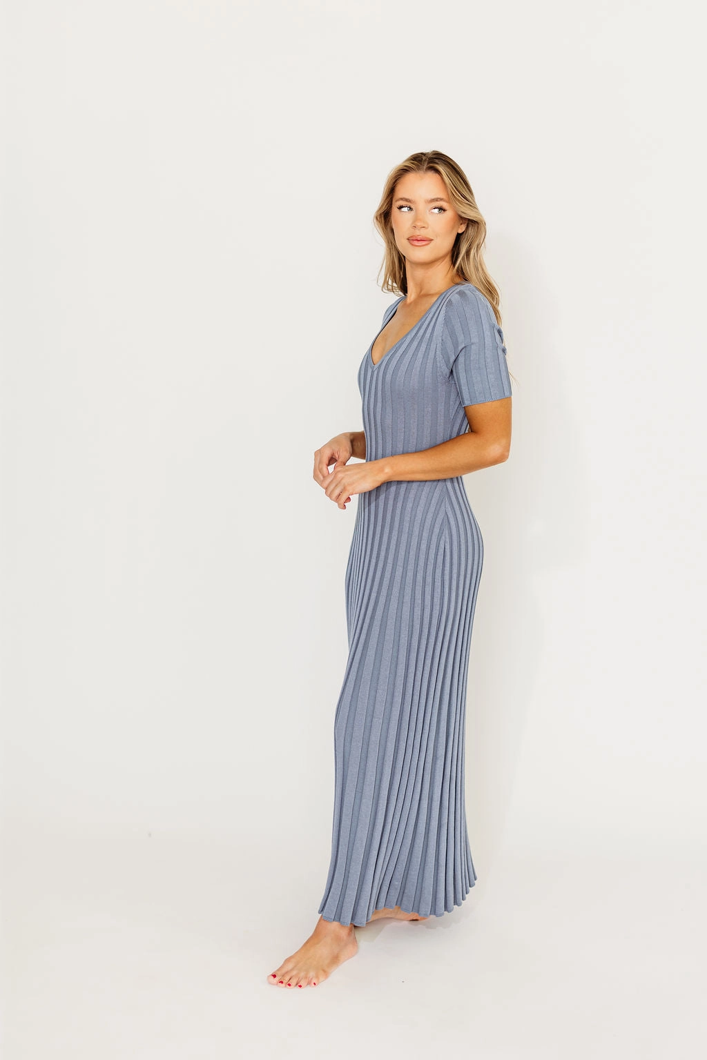 Pose Glow Perfect Style Oakley Ribbed Maxi Dress in Dusty Blue - Bump Friendly *Final-Sale*