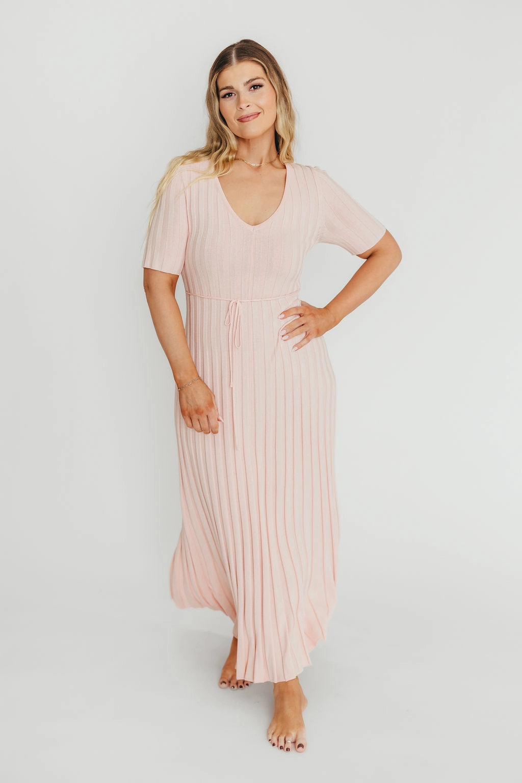 Shirred-Detail Pure Motion Oakley Ribbed Maxi Dress in Light Pink - Bump Friendly *Final-Sale*