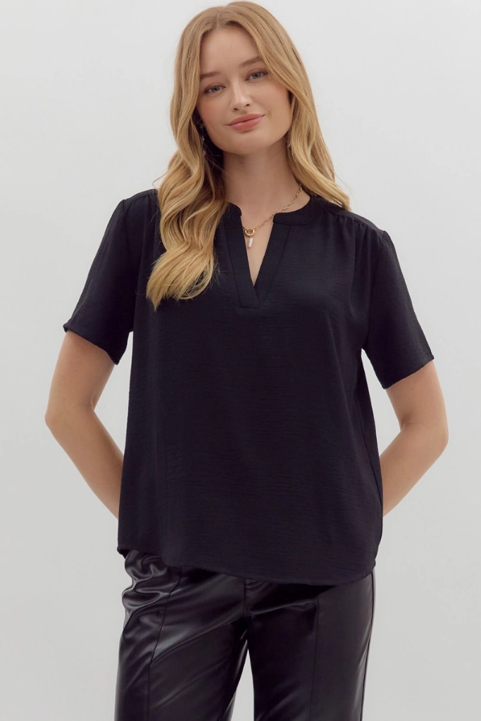 TearResistant Circular Knit Technique Odette Short Sleeve Top in Black