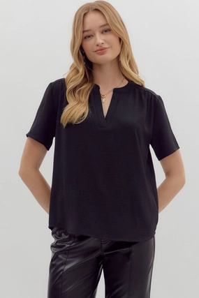 TearResistant Circular Knit Technique Odette Short Sleeve Top in Black