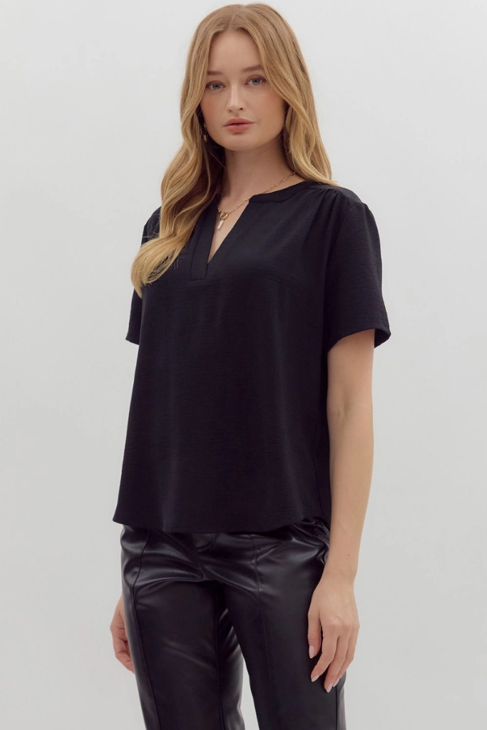 Odette Short Sleeve Top in Black Flattering Drape AdjustableHem