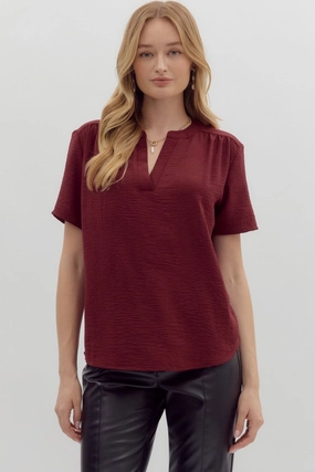 Raw Edge Detail Durable Stitch Pattern Odette Short Sleeve Top in Burgandy