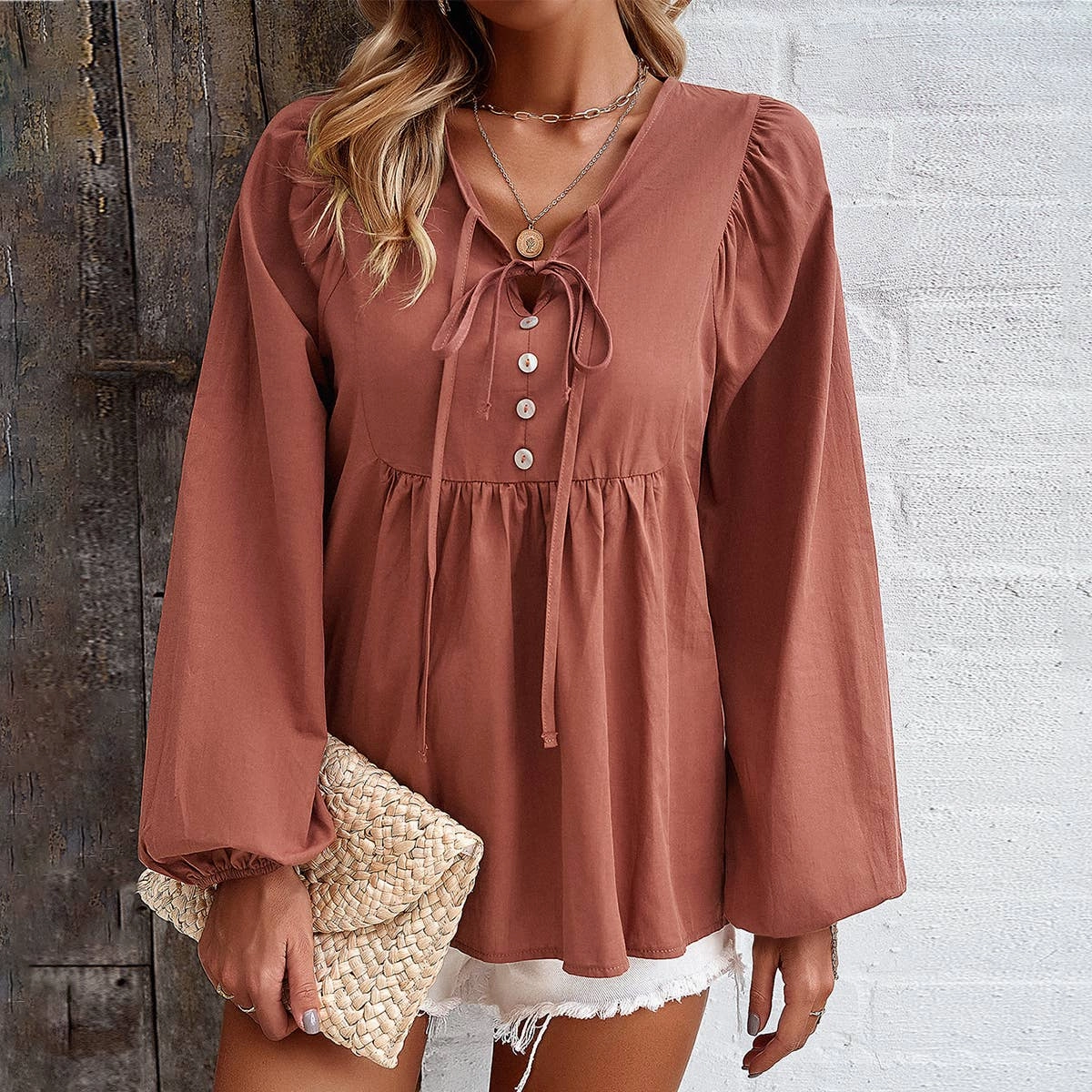 AntiBacterial Coating COTTON WICKING V COLLAR BLOUSE_CWTBLL0779